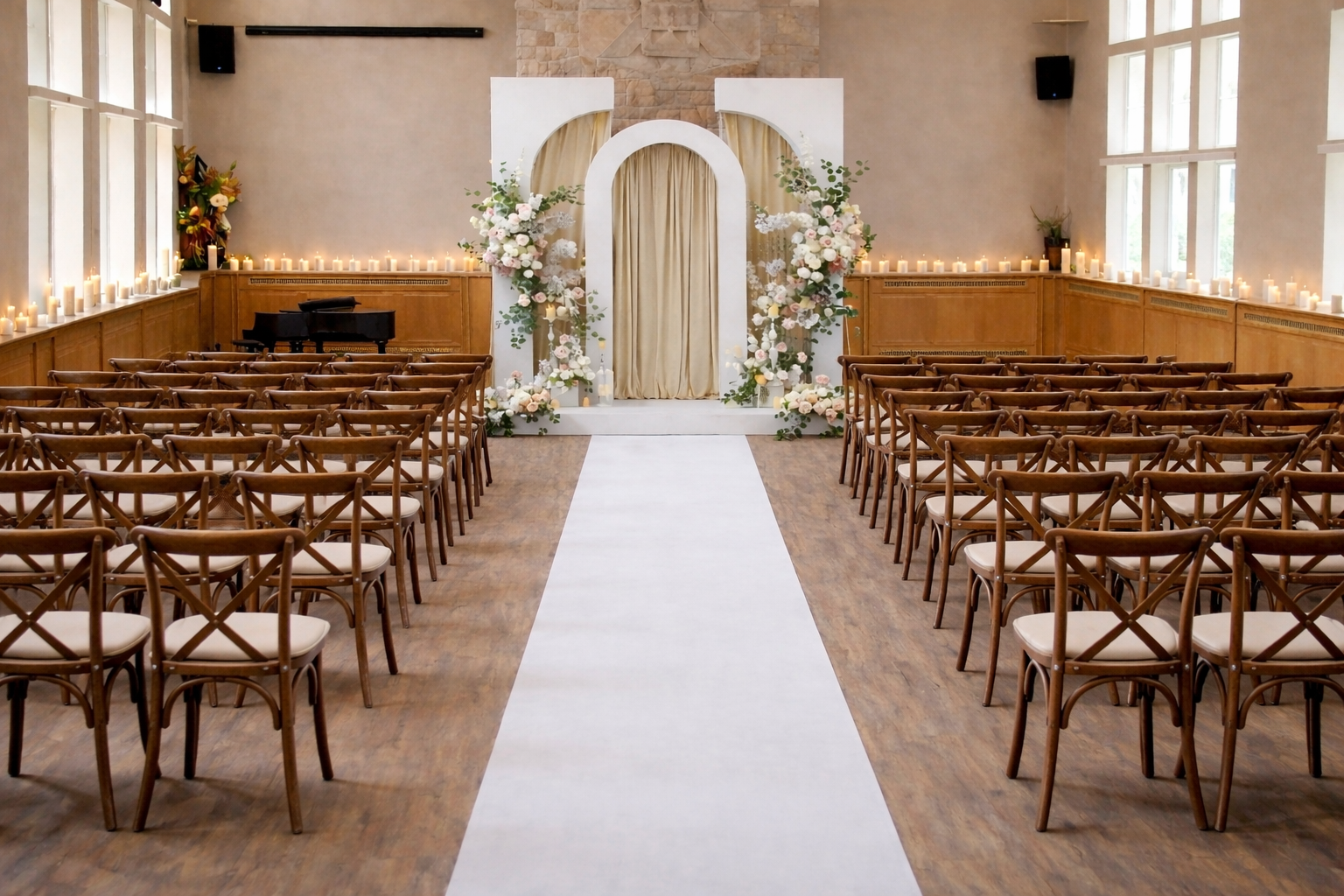 Hall set for ceremony with white chairs and floral arch