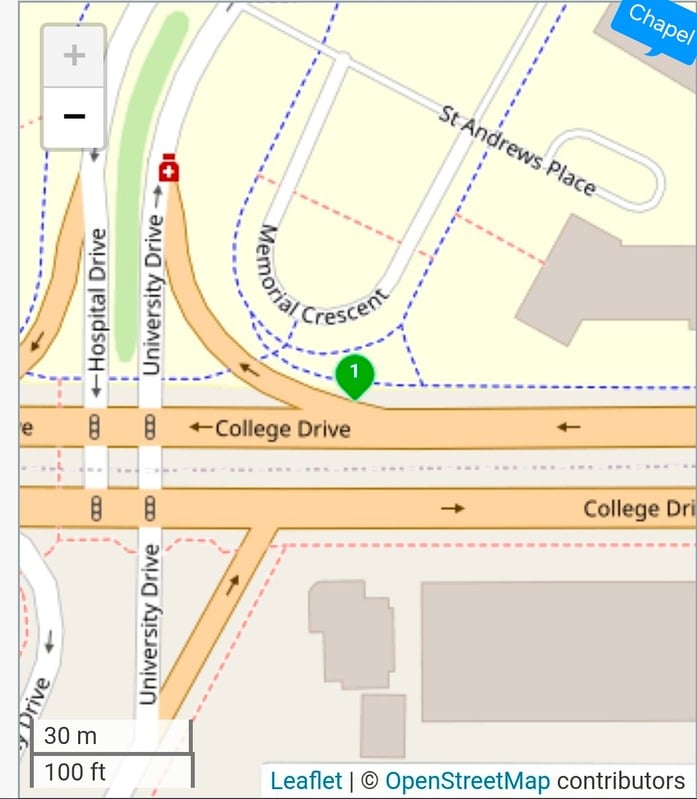 Detail map showing Chapel entrance and parking area on Memorial Crescent