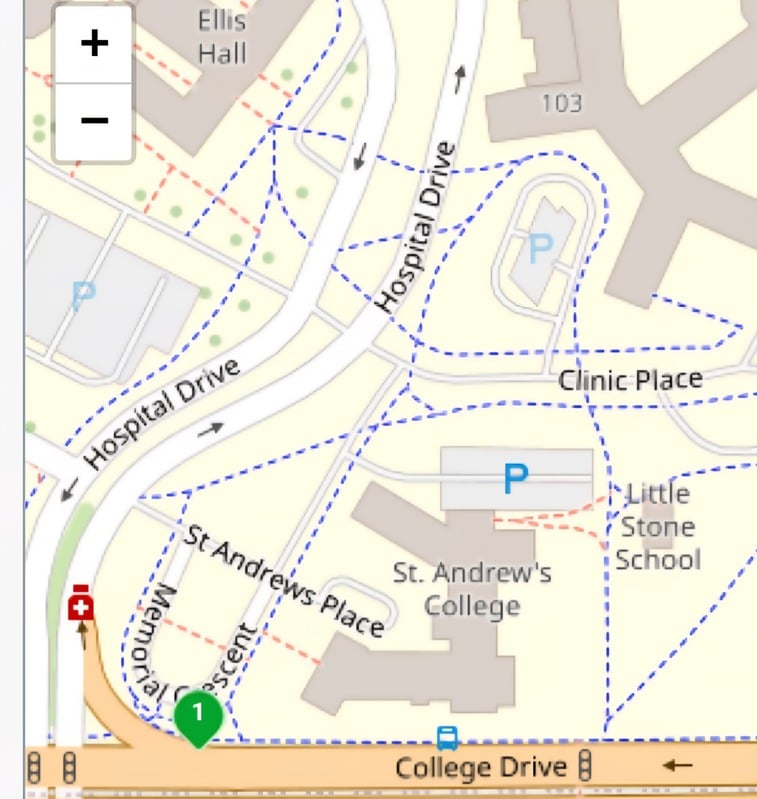 Map showing St. Andrew's College on St. Andrew's Place off College Drive