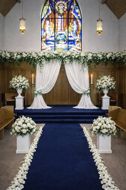Chapel with lanterns, white draping arch and stained glass