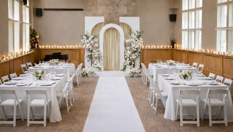 Hall set for rehearsal dinner with arch backdrop and white tables