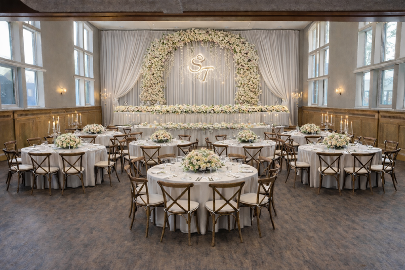 Hall lux package — round tables with cross-back chairs and floral backdrop